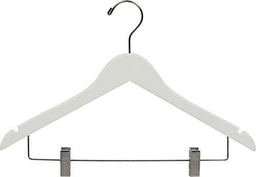 Product Cover White Wood Combo Hanger w/ Adjustable Cushion Clips, Box of 25 Space Saving 17 Inch Flat Wooden Hangers w/ Chrome Swivel Hook & Notches for Shirt Jacket or Dress by The Great American Hanger Company