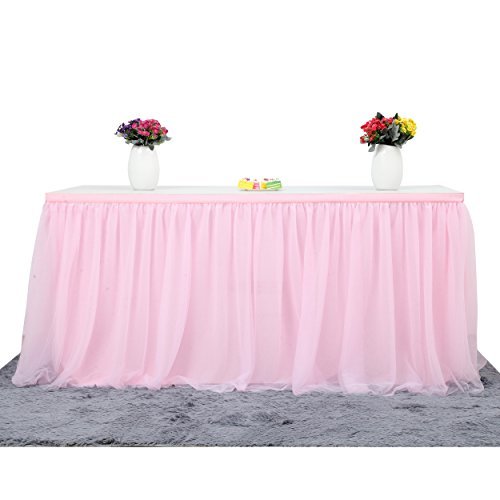 Product Cover 9 ft Pink Tulle Table Skirt for Rectangle or Round Tables Tutu Table Cloth For Party Wedding Birthday Party Home Decoration Table Skirting (L9(ft) H 30in, Pink)