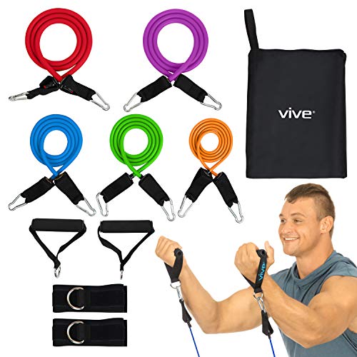 Product Cover Vive Resistance Bands with Handles (11 Pieces) - Tube Rehab Band Set Includes Shoulder Pulley Door Anchor - 2 to 70 LBs Tension - Home Workout Elastic Fitness Equipment - Men & Women Training Therapy