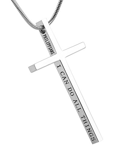 Product Cover HZMAN Philippians 4:13 Cross Pendant Strength Bible Verse Stainless Steel Necklace (Silver)