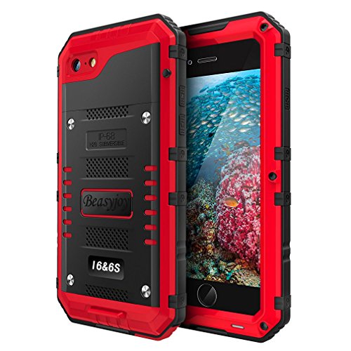 Product Cover Beasyjoy Waterproof Case Compatible with iPhone 6 iPhone 6s, Heavy Duty Screen Military Grade Full Body Protection Hard Tough Durable Metal Cover Drop Proof Shockproof Rugged Defender for Outdoor,Red