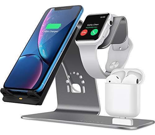 Product Cover Bestand 3 in 1 Aluminum Stand for Apple iWatch, Charging Station for Airpods, Qi Fast Wireless Charger Dock for Apple iWatch/iPhone X/8 Plus/8, Samsung S8, Grey