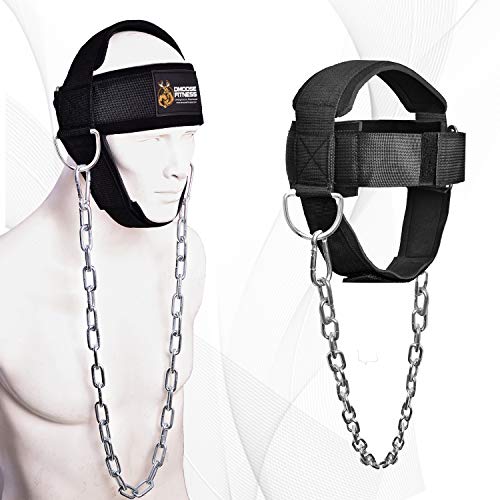Product Cover DMoose Fitness Neck Harness for Weight Lifting, Resistance Training, or Injury Recovery with Long Steel Chain and Neoprene Head Cap, Improve Muscle Strength