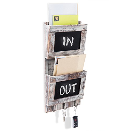 Product Cover MyGift Rustic Wood Wall-Mounted 2-Slot Mail Sorter Organizer with Chalkboard Surface & 3 Key Hook Rack
