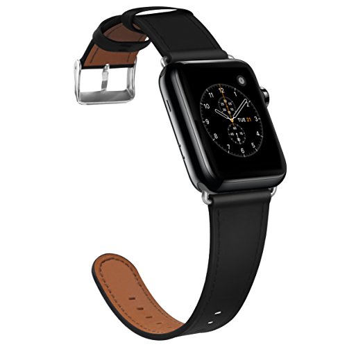 Product Cover Compatible with Apple Watch Band, BELONGME 38mm 40mm Watch Band Genuine Leather Strap Stainless Metal Buckle Compatible Apple Watch Series 4(40mm),Series 3, 2, 1(38mm) Sport & Edition- Black