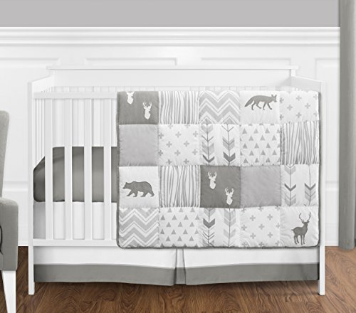 Product Cover Grey and White Woodsy Deer Boy, Girl, Unisex Baby Crib Bedding Set Without Bumper by Sweet JoJo Designs - 4 Pieces