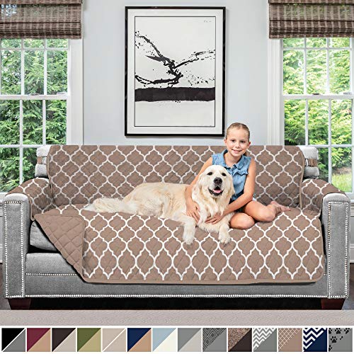 Product Cover Sofa Shield Original Patent Pending Reversible Large Sofa Protector for Seat Width up to 70 Inch, Furniture Slipcover, 2 Inch Strap, Couch Slip Cover Throw for Pets, Kids, Cats, Sofa, Quatrefoil Mocha