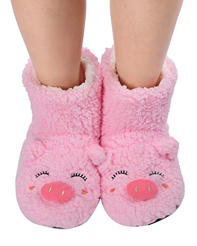 Product Cover Panda Bros Slipper Socks for Women Cozy Warm Lined Fuzzy Sock Slippers Indoor Booties with Non Slip Grippers(pink pig,5-7.5)