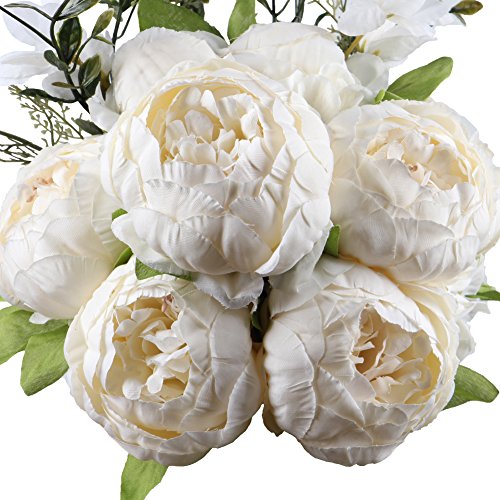 Product Cover Leagel Fake Flowers Vintage Artificial Peony Silk Flowers Bouquet Wedding Home Decoration, Pack of 1 (Spring White)