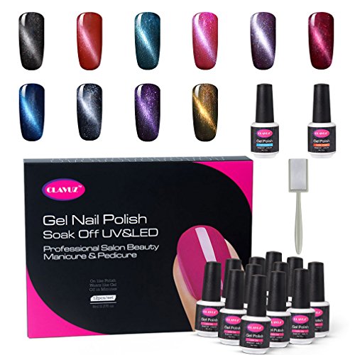 Product Cover CLAVUZ Gel Nail Polish Set Magnetic Soak Off Gel Lacquer with Top and Base Coat Cat Eye Nail Art Kit with Magic Magnet Stick 12PCS