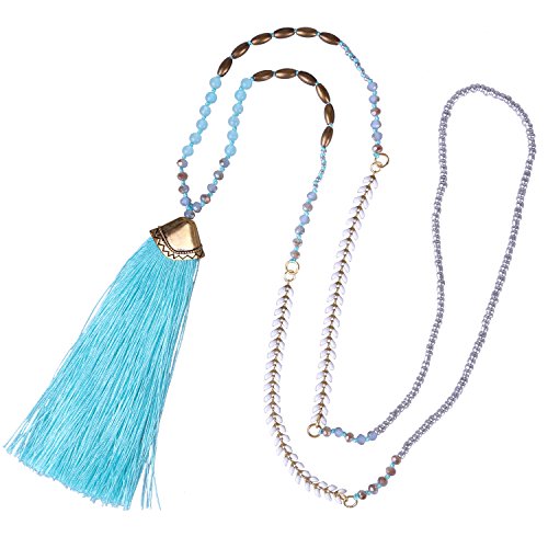 Product Cover KELITCH Syuthetic Turquoise Crystal Beaded Necklace Tassel Layering Pendant Necklace New Jewelry (Blue 1)