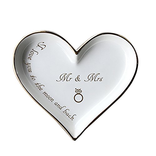 Product Cover Ring Dish Mr and Mrs I Love You to the Moon and Back Heart Golden Ceramic