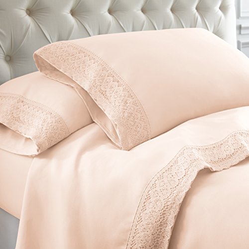 Product Cover Amrapur Overseas 4-Piece Crochet Lace Bed Sheet Set, Queen, Blush
