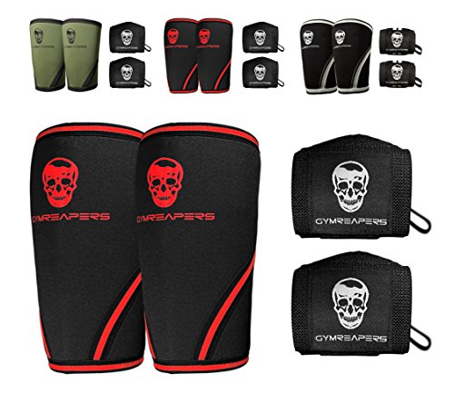 Product Cover Gymreapers Elbow Sleeves (1 Pair) W/Bonus Wrist Wraps - Support & Compression for Powerlifting, Weightlifting, Bench & Tendonitis 5mm Neoprene Sleeve - for Men & Women (Black/Red, Large)