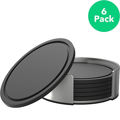 Product Cover Vremi Drink Coasters Set of 6 with Holder - Round Black BPA Free Silicone with Stainless Steel Coaster Case - Fits Any Size Cup Mug or Glasses to Protect Furniture from Water Marks Scratch and Damage