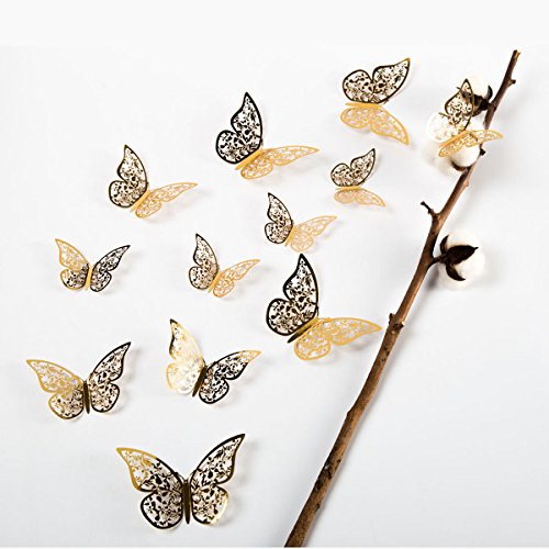 Product Cover aooyaoo 12Pcs Golden 3D Butterfly Man-Made Removable Art Decorations Wall Stickers Wall Decals Butterfly Bookmark