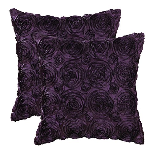 Product Cover CaliTime Pack of 2 Cushion Covers Throw Pillow Cases Shells for Couch Sofa Home Solid Stereo Roses Floral 18 X 18 Inches Deep Purple