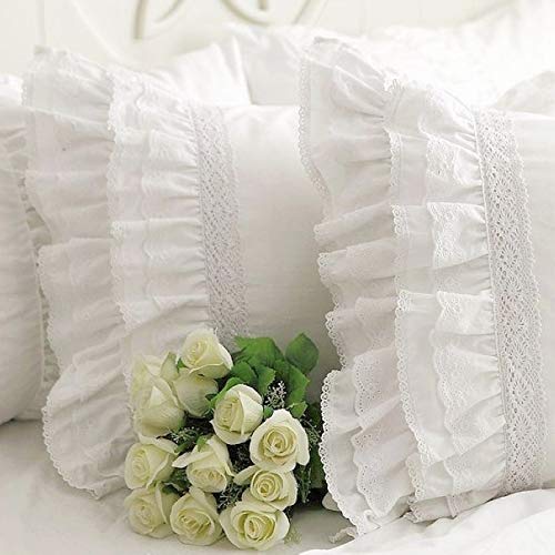 Product Cover Queen's House Shams Standard Shabby Vintage White Embroidery Lace Ruffle Pillowcase Pillow Sham-1 Piece