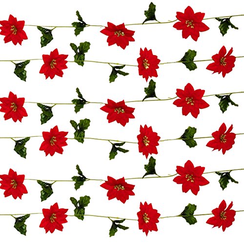 Product Cover Gift Boutique 30 Feet Christmas Poinsettia Garland Artificial Christmas Flowers & Holly Leaves Chain; with 30 Hanging Poinsettia Flowers Indoor and Outdoor Party Decor Accessories