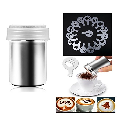 Product Cover Besokuse Stainless Steel Powder Shakers Coffee Cocoa Cinnamon Shaker Fine Mesh Duster,with 16 pcs Cappuccino Coffee Latte Art Stencils Model Mould