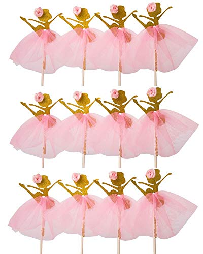 Product Cover LASLU Cute Ballet Dancer Girls Fairy Peri Dessert Muffin Cupcake Toppers for Picnic Wedding Baby Shower Birthday Party Server(Gold and Pink）