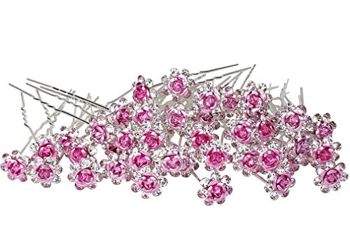 Product Cover AKOAK 20 Pcs/Lot Women Wedding Bridal Clear Crystal Rhinestone Rose Flower Hair Pin Clips Hair Accessories Jewelry Barrettes Headwear（Pink）