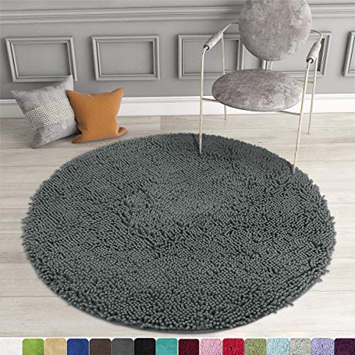 Product Cover MAYSHINE Round Bath Mat Non-Slip Chenille 3 Feet Shaggy Bathroom Rugs Extra Soft and Absorbent Perfect Plush Carpet for Living Room Bedroom, Machine Wash/Dry- Gray