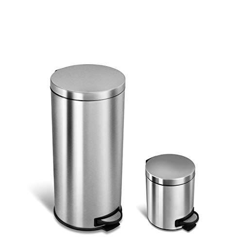 Product Cover NINESTARS CB-SOT-30-1/5-1 Step-on Trash Can Combo Set, 8 Gal 30L & 1.2 Gal 5L, Stainless Steel Base (Round, Stainless Steel Lid)