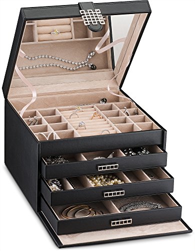 Product Cover Glenor Co Extra Large Jewelry Box Organizer - 42 Slot Classic Holder w Modern Closure, Drawer, Big Mirror & 4 Trays for Women - Storage Case for Earring Ring Necklace Bracelet Watch -PU Leather- Black