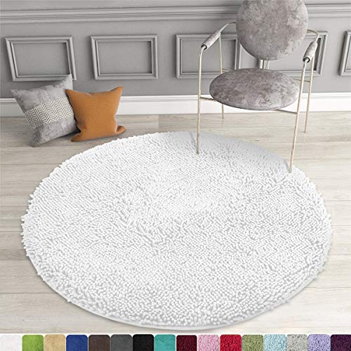 Product Cover MAYSHINE Round Bath Mat Non-Slip Chenille 3 Feet Shaggy Bathroom Rugs Extra Soft and Absorbent Perfect Plush Carpet for Living Room Bedroom, Machine Wash/Dry-White