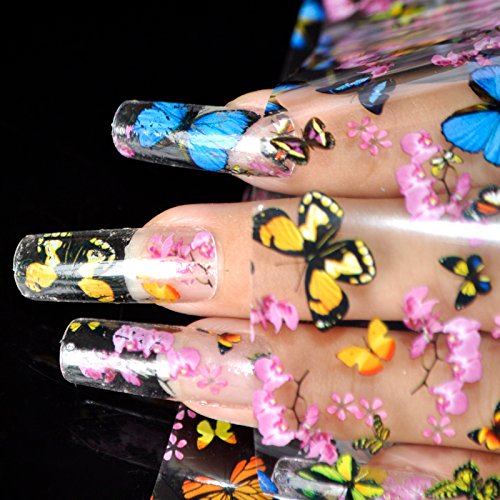 Product Cover Nail Art Transfer Foil Stickers Decorations Decals Plastic Nail Tools Colorful Flying Butterflies Begonia Flowers Design NO GLUE 653