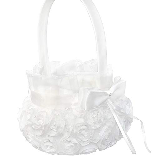 Product Cover Lothver Satin Wedding Flower Girl Basket Romantic Cute Double Bow Decor Ivory