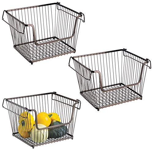 Product Cover mDesign Modern Stackable Metal Storage Organizer Bin Basket with Handles, Open Front for Kitchen Cabinets, Pantry, Closets, Bedrooms, Bathrooms - Large, 3 Pack - Bronze