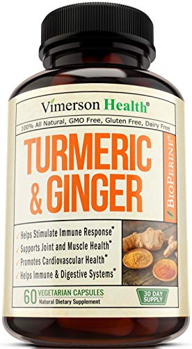 Product Cover Turmeric Curcumin with Ginger, Bioperine. Occasional Joint Pain Relief, Supports Inflammatory Response, Plant-Based Antioxidant, Healthy-Aging, with 10 milligrams of Black Pepper. 60 Capsules