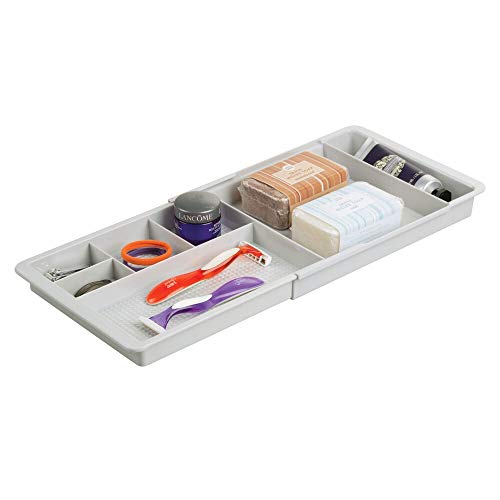 Product Cover mDesign Adjustable/Expandable Plastic Drawer Organizer Tray for Bathroom Vanity, Countertop for Toothbrush, Toothpaste, First Aid, Ointment, Adhesive Bandages, Makeup - 7 Compartments - Light Gray