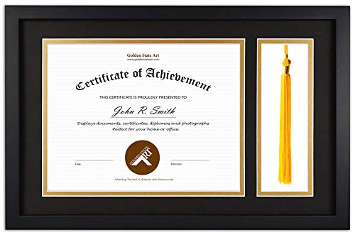 Product Cover Golden State Art, Diploma Tassel Shadow Box 11x17.5 Wood Frame for 8.5x11 Document/Certificate, with Double Mat (Black Over Gold), Tassel Holder & Real Glass, Black