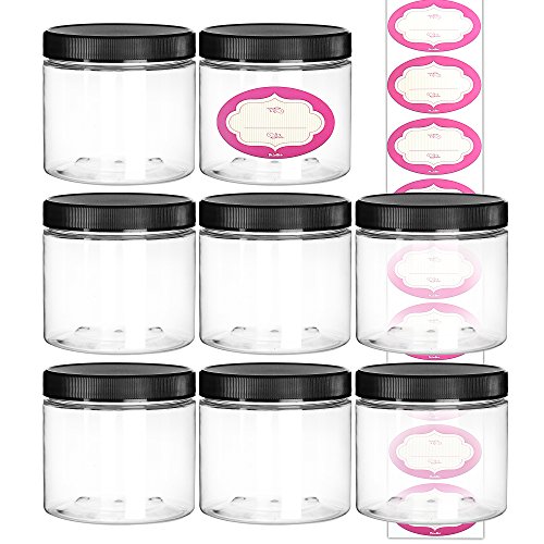 Product Cover DilaBee 8-Pack 16 Ounce Large Elegant Refillable Clear Plastic Jars with Lids and Labels, Round Container For Beauty Products, Cream, Exfoliating Scrub, Face Masks and Lotion