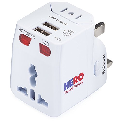 Product Cover Universal Travel Adapter (2 USB Ports) - Power Plug for US Europe France UK Ireland Thailand China NZ Australia 100+ Countries - Individually Tested in The USA by Hero Travel Supply - White