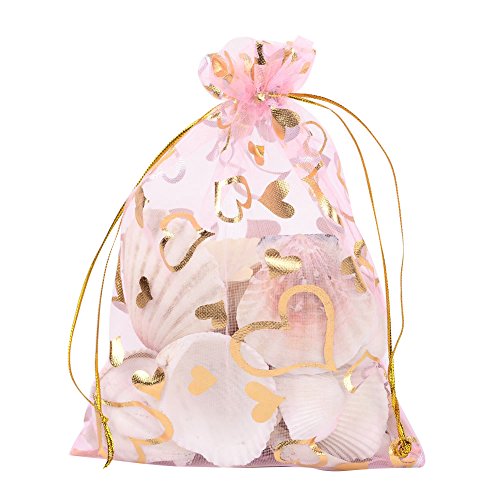 Product Cover Pandahall 100 PCS 5x7 Inches Heart Printed PeachPuff Organza Bags Jewelry Pouch Bags Organza Drawstring Pouches Wedding Favors Candy Gift Bags Valentine's Day