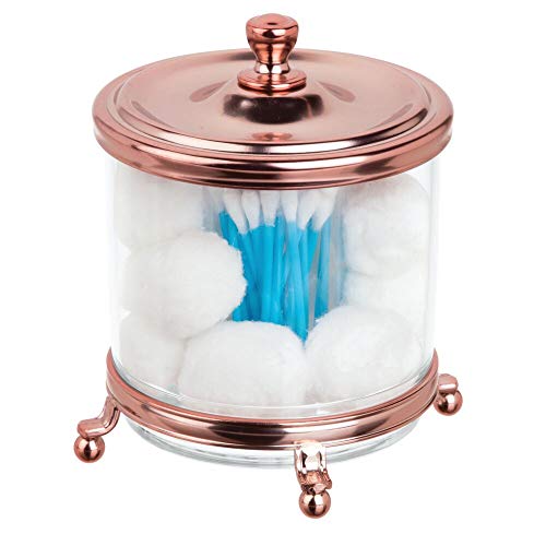 Product Cover mDesign Round Bathroom Vanity Countertop Divided Storage Canister Plastic Jar with Metal Lid for Cotton Swabs, Rounds, Balls, Makeup Sponges, Blenders, Bath Salts - Clear/Rose Gold