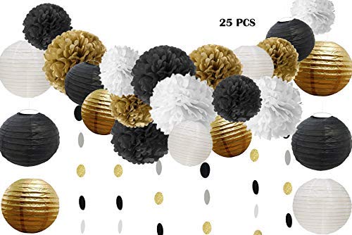 Product Cover 25 Pcs Black Gold White Tissue Pom Poms Paper Flowers Paper Lanterns for 40s 50s 60s 70s Birthday Party Decorations