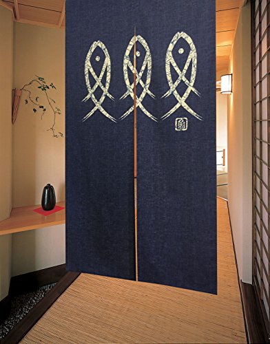 Product Cover LIGICKY Japanese Noren Doorway Curtain Ancient Character Fish Tapestry for Home Decoration Blue 33x59inch