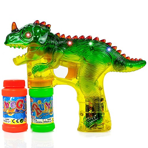 Product Cover Dinosaur Bubble Gun Shooter with LED Lights, Sounds, Batteries, and 2 Bottles Solution