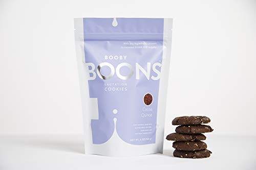 Product Cover Booby Boons Lactation Cookies, Cocoa Quinoa. 6oz bag. Delicious, Award Winning, Wheat-Free, Soy-Free, Fenugreek-Free. Kosher, Small batch Lactation Support. Made With Love for Love by Stork and Dove.