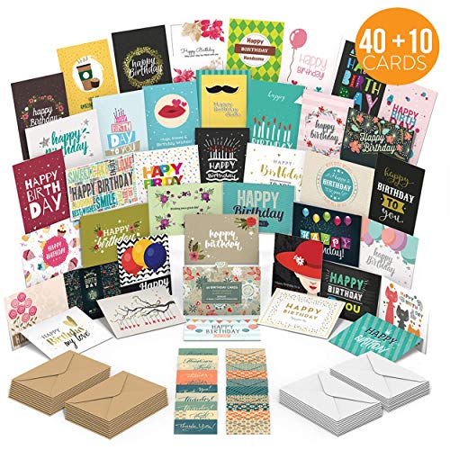 Product Cover MPFY- Birthday Card, Birthday Cards, Pack of 40 Unique Designs with Envelopes, Bonus 10 Gift Cards, Birthday Cards Assortment, Happy Birthday Card, Birthday Cards Bulk, Blank Inside, Employee, Kids