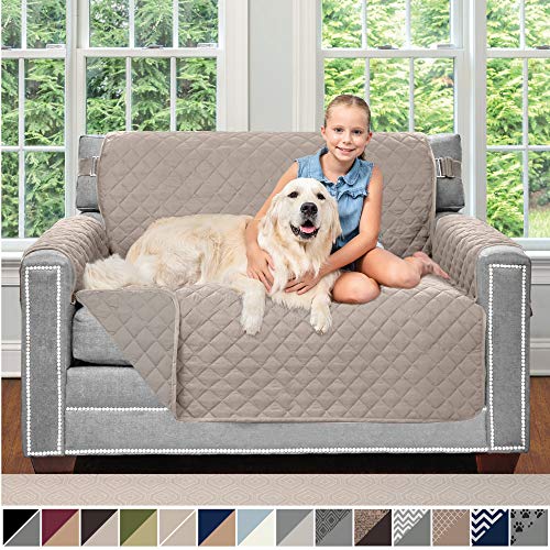 Product Cover Sofa Shield Original Patent Pending Reversible Chair Protector for Seat Width up to 48 Inch, Furniture Slipcover, 2 Inch Strap, Chairs Slip Cover Throw for Pet Dogs, Cats, Armchair, Light Taupe