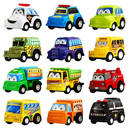 Product Cover Funcorn Toys Pull Back Car, 12 Pack Assorted Mini Plastic Vehicle Set, Pull Back Truck and Car Toys for Boys Kids Child Party Favors,Die Cast Car Toy Play Set