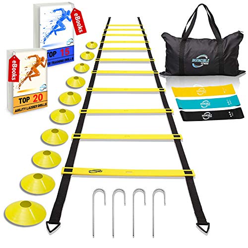Product Cover Invincible Fitness Agility Ladder Training Equipment Set, Improves Coordination, Speed, Power and Strength, Includes 10 Cones, 4 Hooks and 3 Loop Resistance Bands for Outdoor Workout
