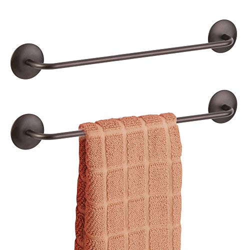 Product Cover mDesign Decorative Metal Large Towel Bar - Strong Self Adhesive - Storage and Display Rack for Hand, Dish, and Tea Towels - Stick to Wall, Cabinet, Door, Mirror in Kitchen, Bathroom - 2 Pack - Bronze