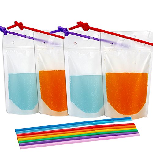 Product Cover Tomnk 200pcs Clear Drink Pouches Bags Smoothie Bags Reclosable Zipper Heavy Duty Hand-held Translucent Stand-up Plastic Pouches Bags Drinking Bags 2.4 Inches Bottom Gusset with 200pcs Straws